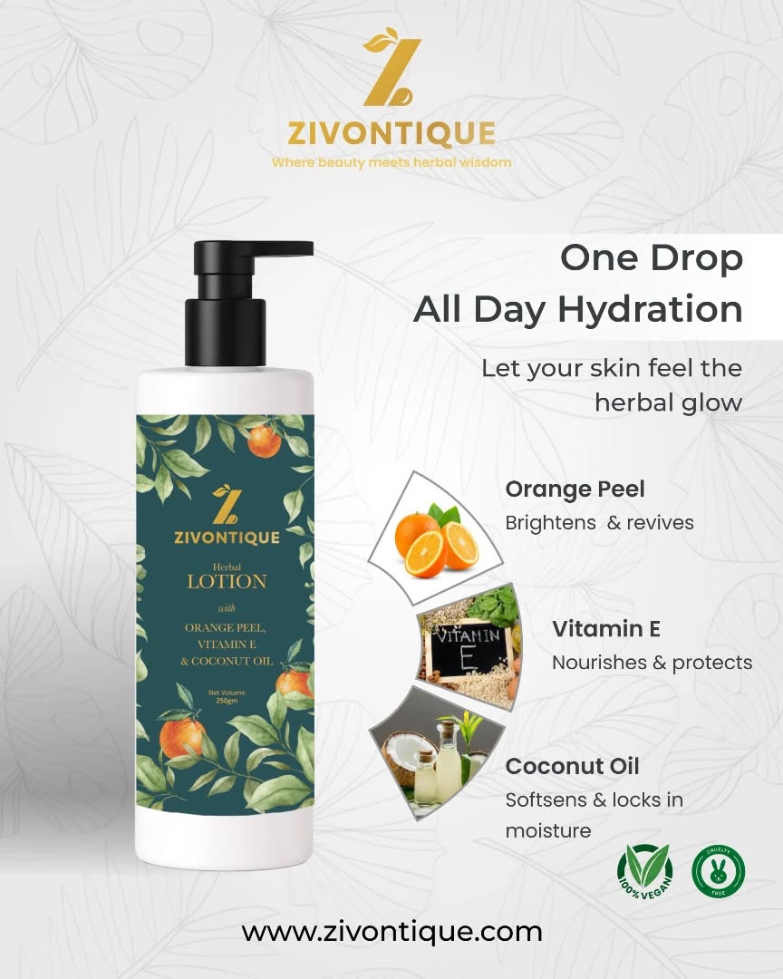Nourish Your Skin, Naturally! 🌿
Zivontique's Herbal Lotion is here!
Infused with orange peel, vitamin E, and coconut oil, this lotion brightens, nourishes, and softens your skin. 🌸
Say goodbye to dryness and hello to all-day hydration! 👋
#Zivontique #HerbalLotion #NaturalSkincare #VeganApproved #SelfCare #SkincareLovers #GlowFromWithin